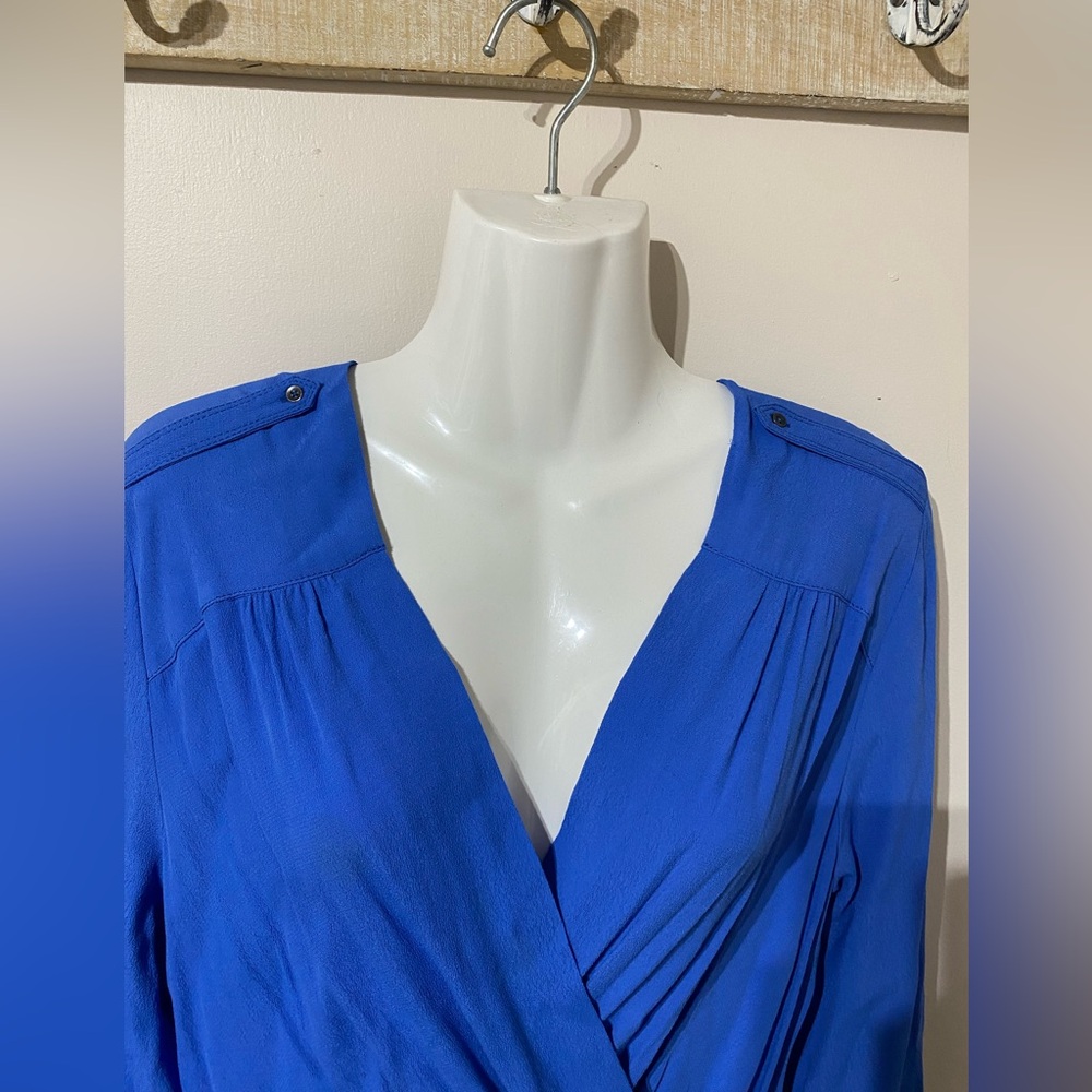Anthropologie Maeve Blue Lene Crepe Faux Wrap Dress Roll tab long sleeve S NWOT - Picture 5 of 10